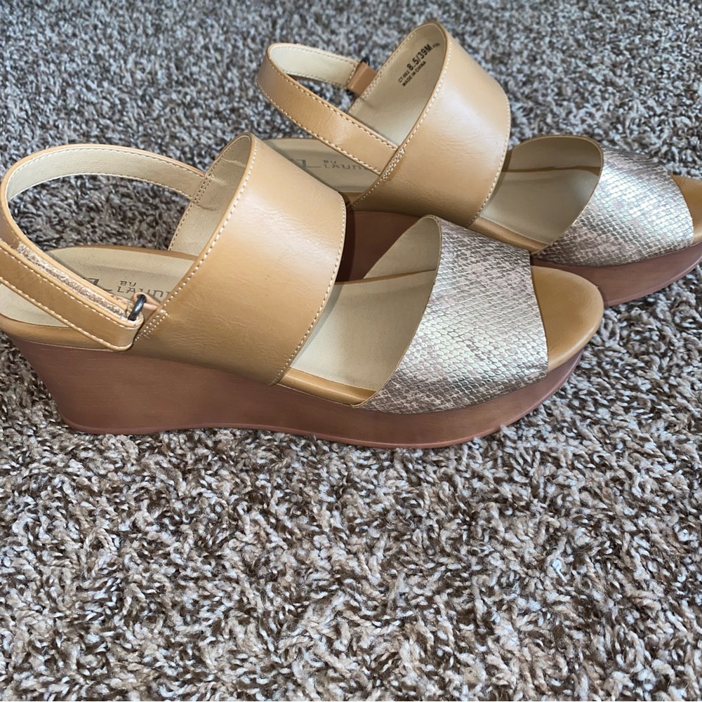 CL by Chinese Laundry Gold and Tan Wedges with Ankle Strap